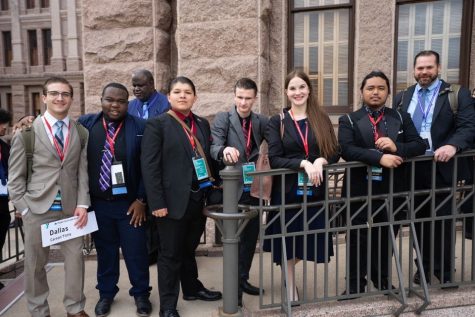 Youth and Government club members prepare to go into the Texas House of Representatives.  Junior Carson Tittle, and seniors Jhustin Harp, Moises Enriquez, Jacob Simon, Brooke Byrd, Arnold Angelo Aureo and sponsor Benjamin Baker