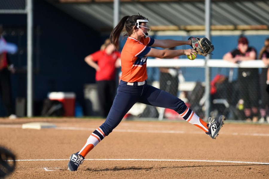 Senior Kayla Olthouse was the starting pitcher in the first against Rockwall Heath.  Olthouse pitched five innings with the Lady Mustangs winning 4-2.